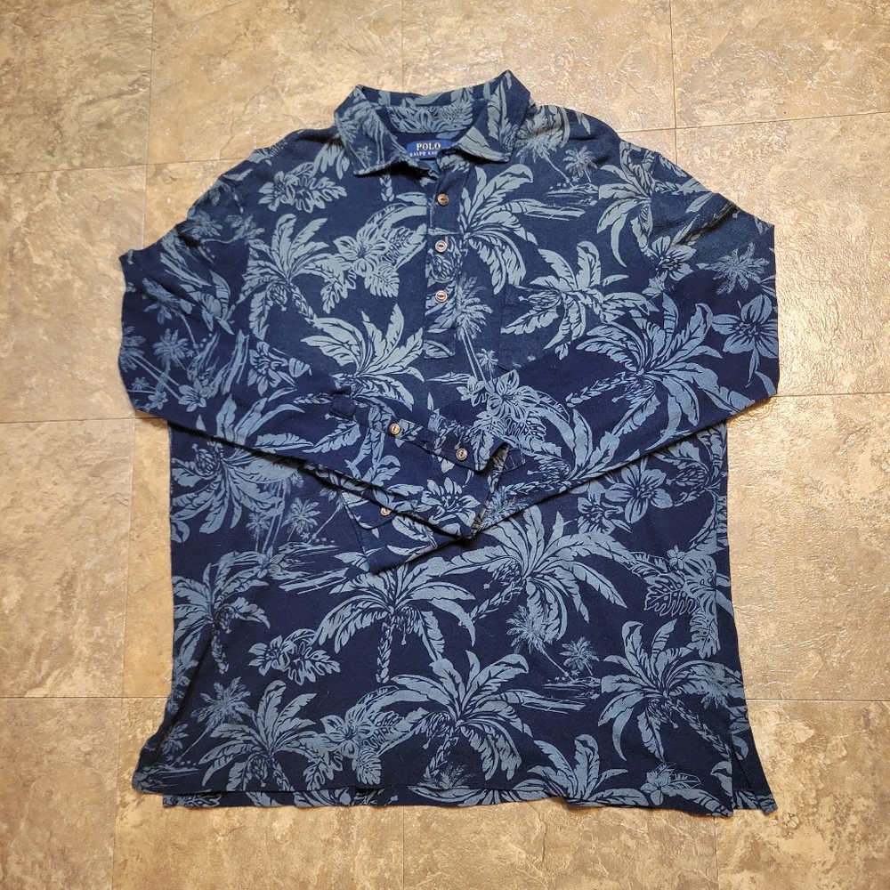 Polo Ralph Lauren Polo Shirt Mens XL Blue Long Sleeve Pullover Floral Hawaiian